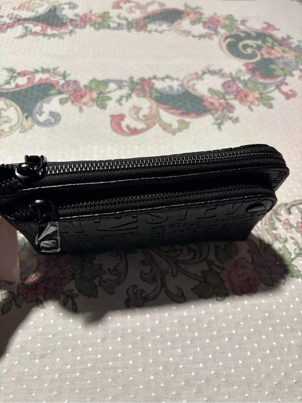 Steve Madden Black Embossed Logo Zip Wallet